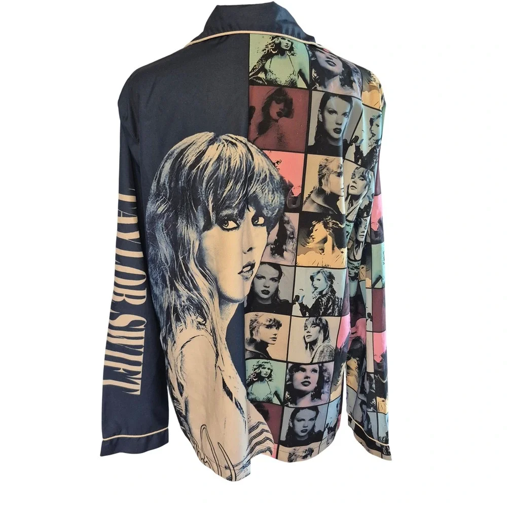 Taylor Swift Era Tour Pajama Set Womens Large Blue Button Front Silky Lounge Set